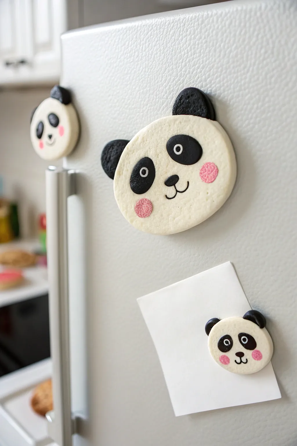 Minimal panda face clay magnet holding a blank note, crisp black and white with soft blush dots.