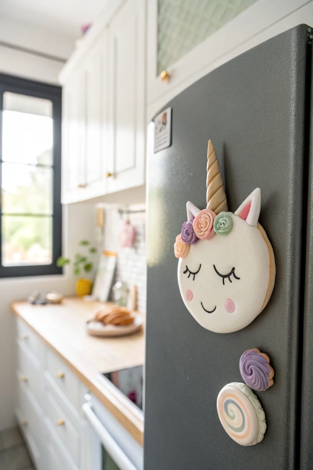 Sweet unicorn face clay magnet, easy kid-friendly shape with pastel mane on a modern fridge