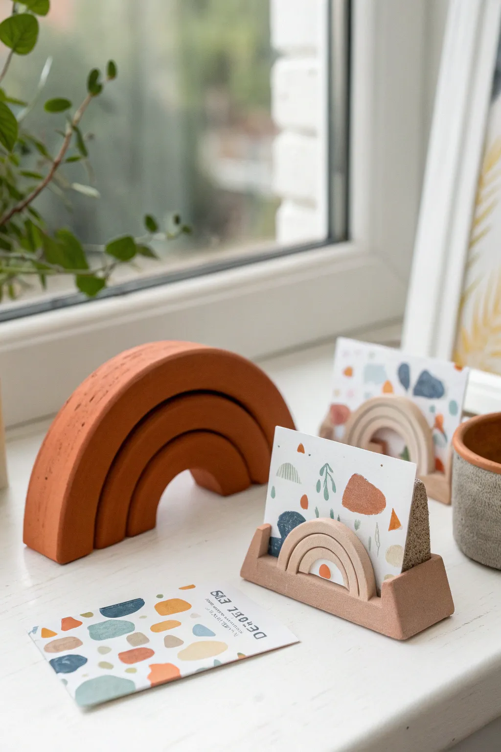 Easy clay photo holder: modern arch shape in bold colors on a clean white tabletop