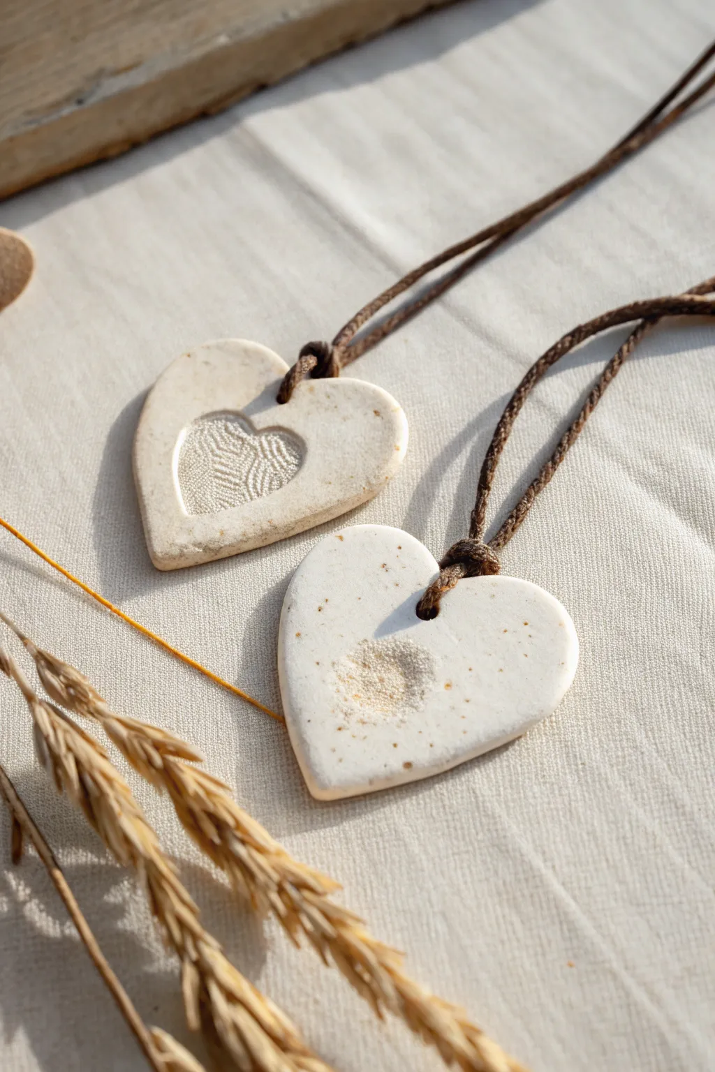A matching fingerprint heart pendant pair, simple clay keepsakes for couples to craft together.