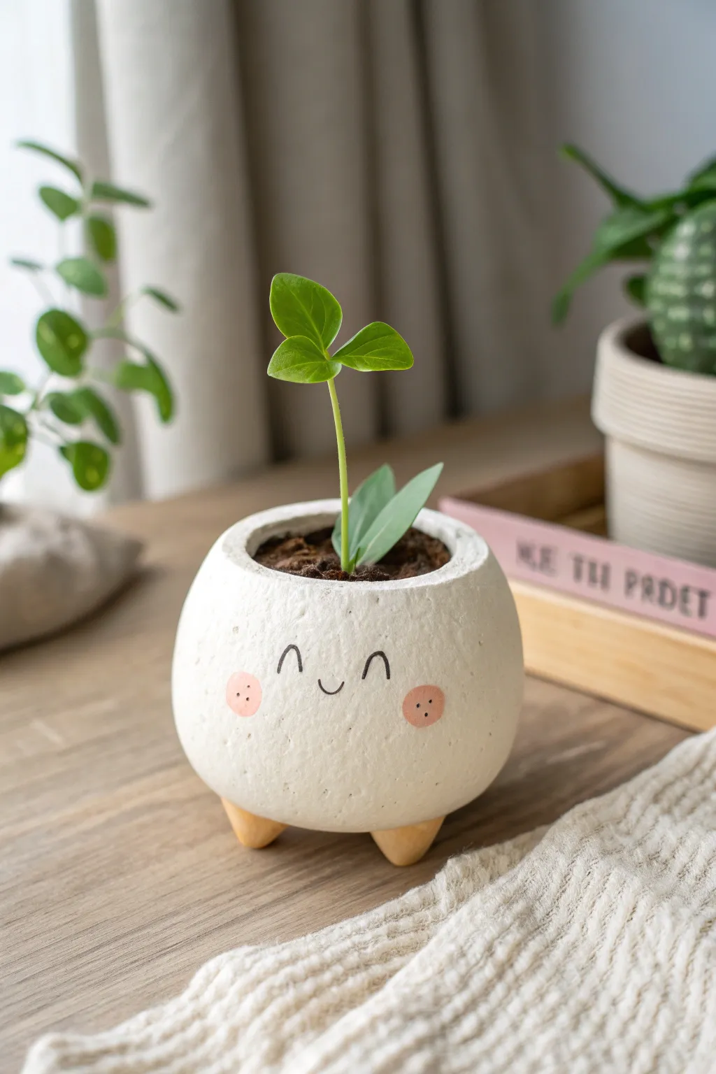 A kid friendly clay face planter with a tiny leaf sprout, minimalist Scandinavian charm.