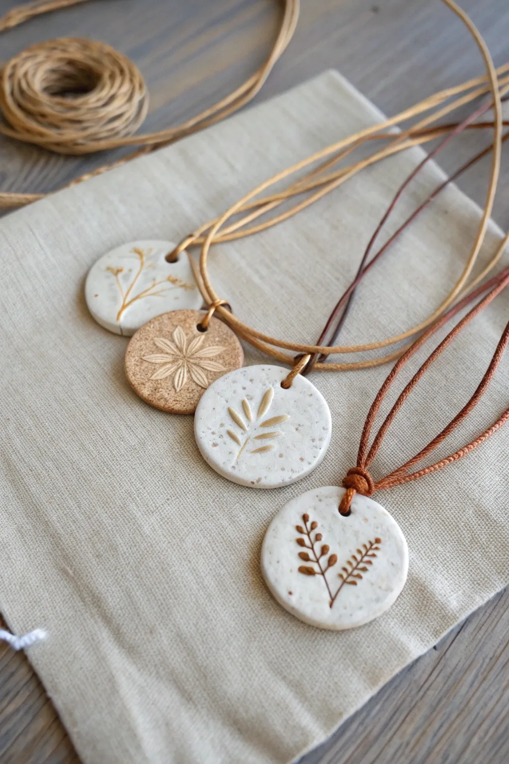 DIY clay medallions with metallic rub highlights, simple texture, and deep shadowed detail.
