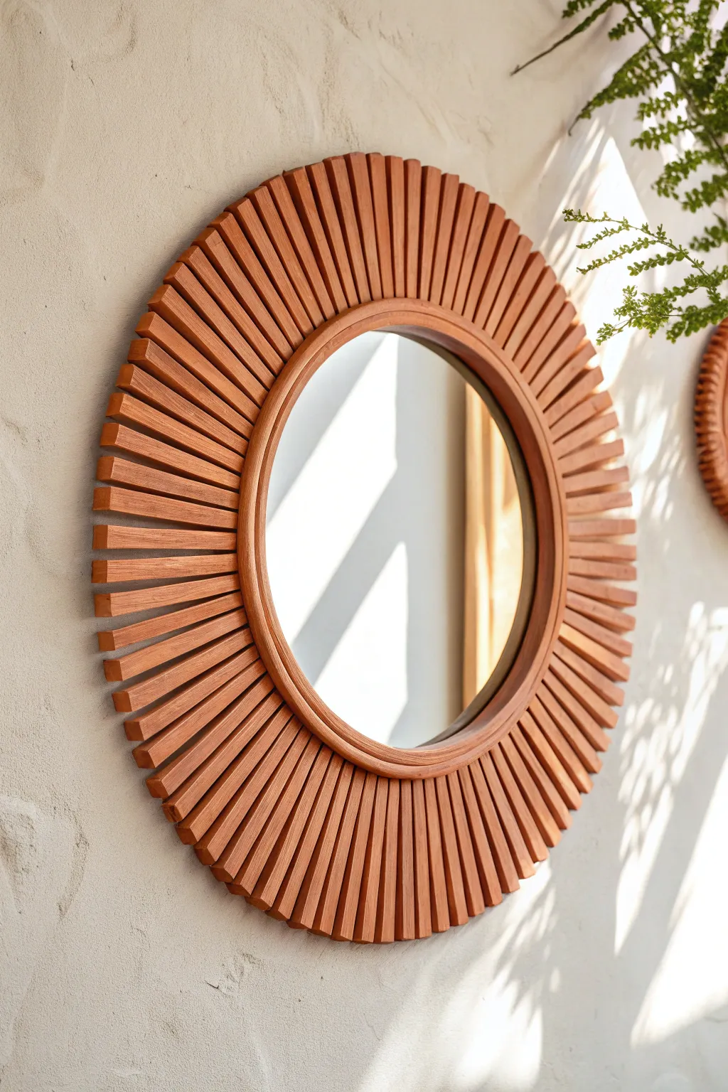 Sunny sunburst clay mirror with bright tapered rays, minimalist boho decor for warm walls