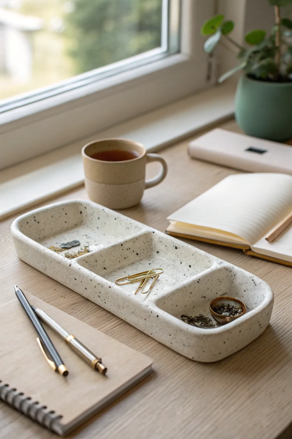 Minimal clay desk tray with simple compartments, styled for calm, organized work moments