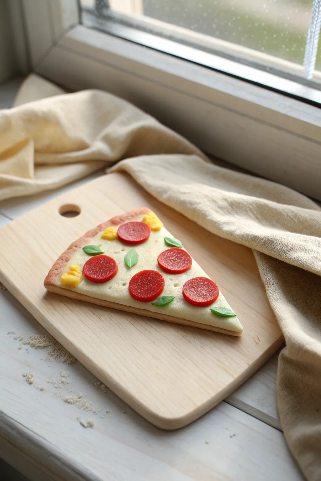 Bright handmade clay pizza slice with playful toppings, styled minimalist for kindergarten pretend play