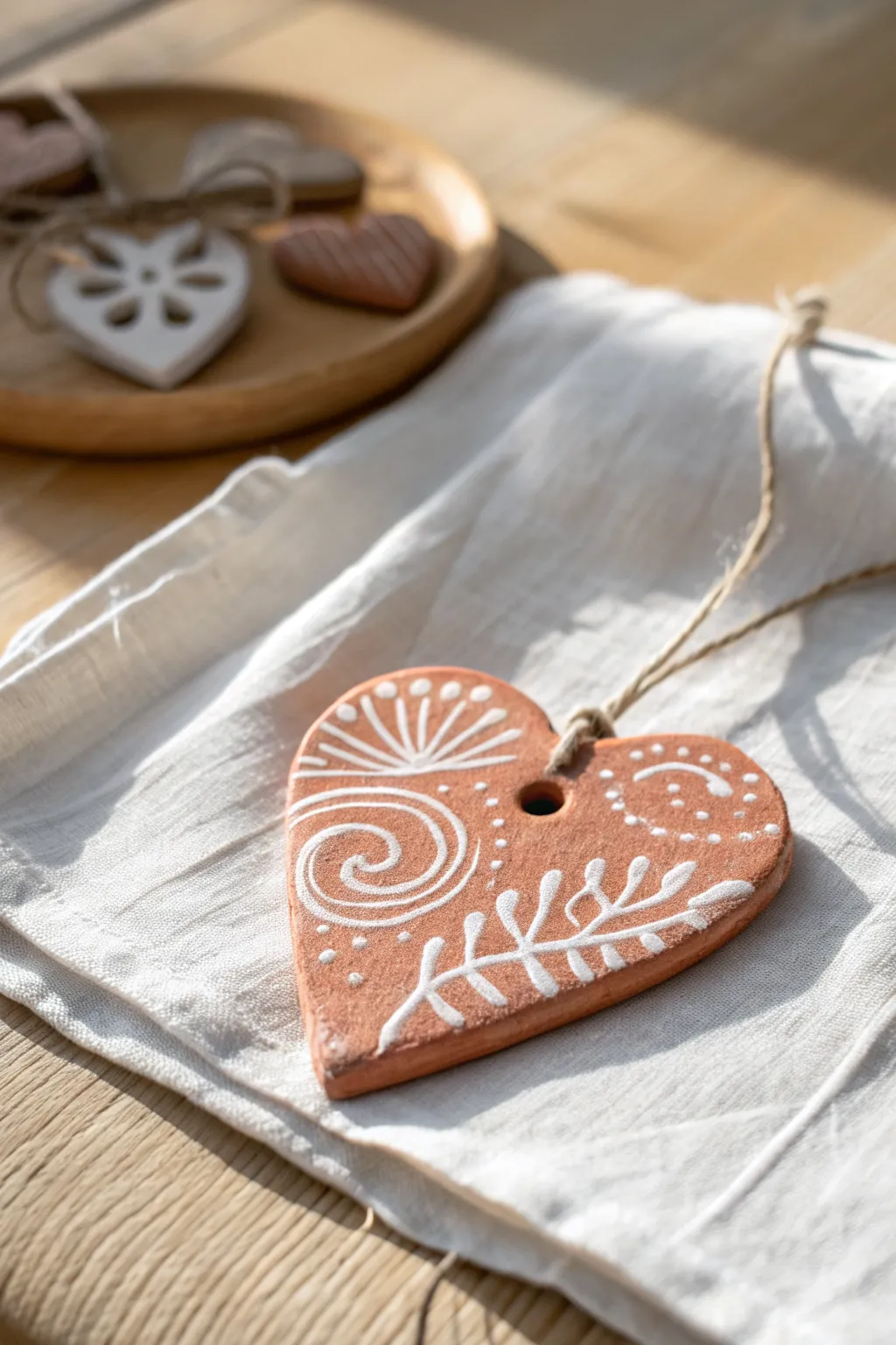 Sweet coil-heart clay ornaments with simple paint, perfect kid friendly keepsakes to hang
