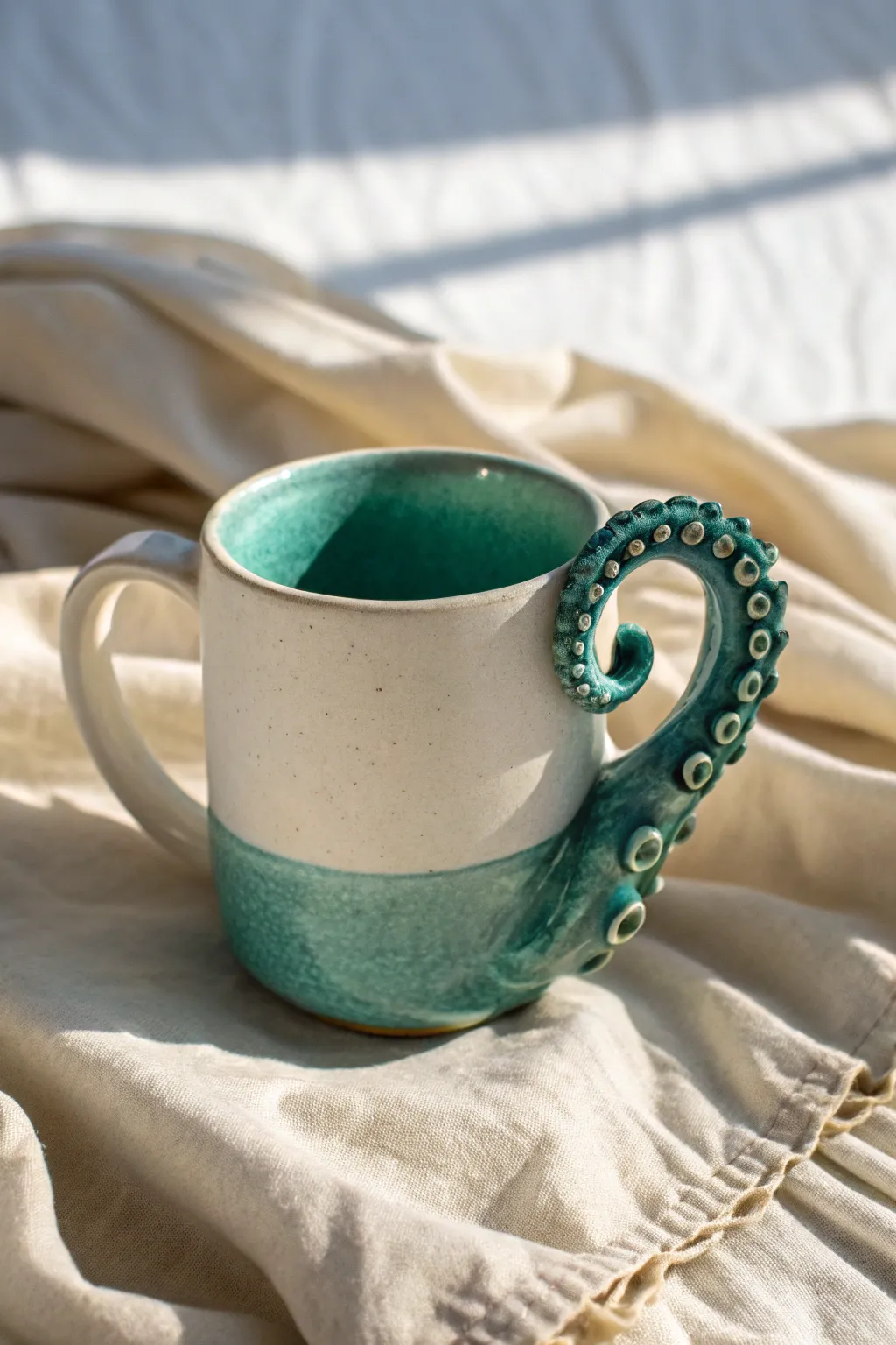 Sea creature charm in clay: tentacle handle monster mug with glossy glaze and minimalist style.