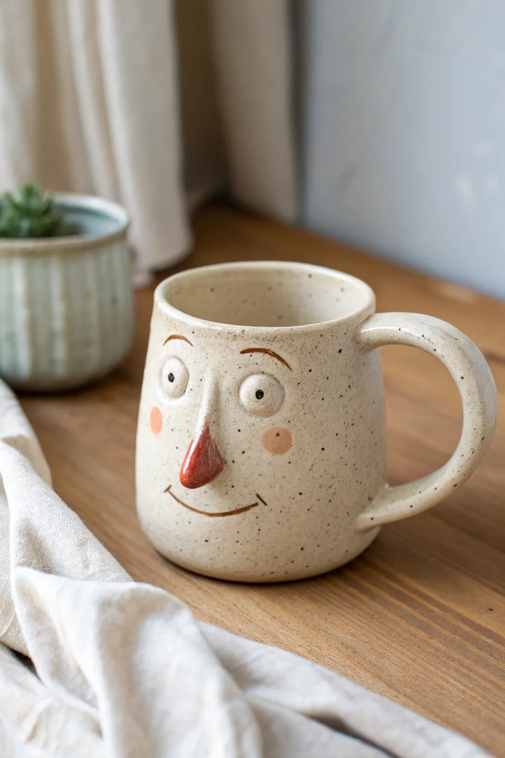 Oversized nose mug face: a playful clay caricature that feels cozy, minimalist, and handmade.