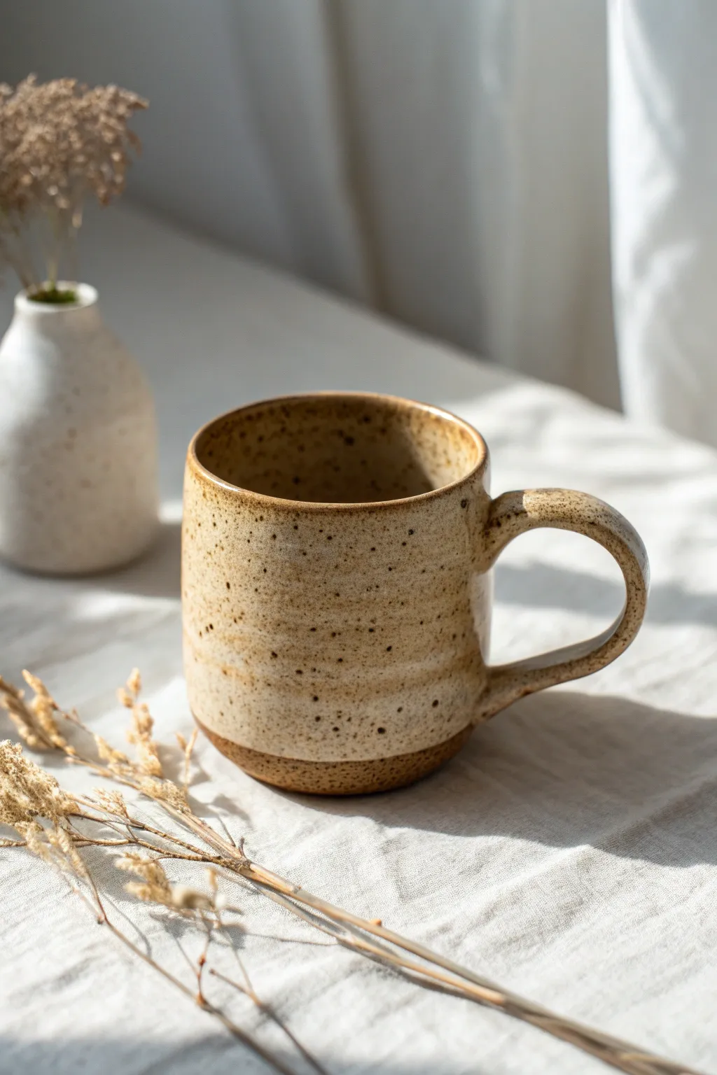 Minimal clay mug with a smooth lug handle pinch grip and earthy glaze for effortless sipping