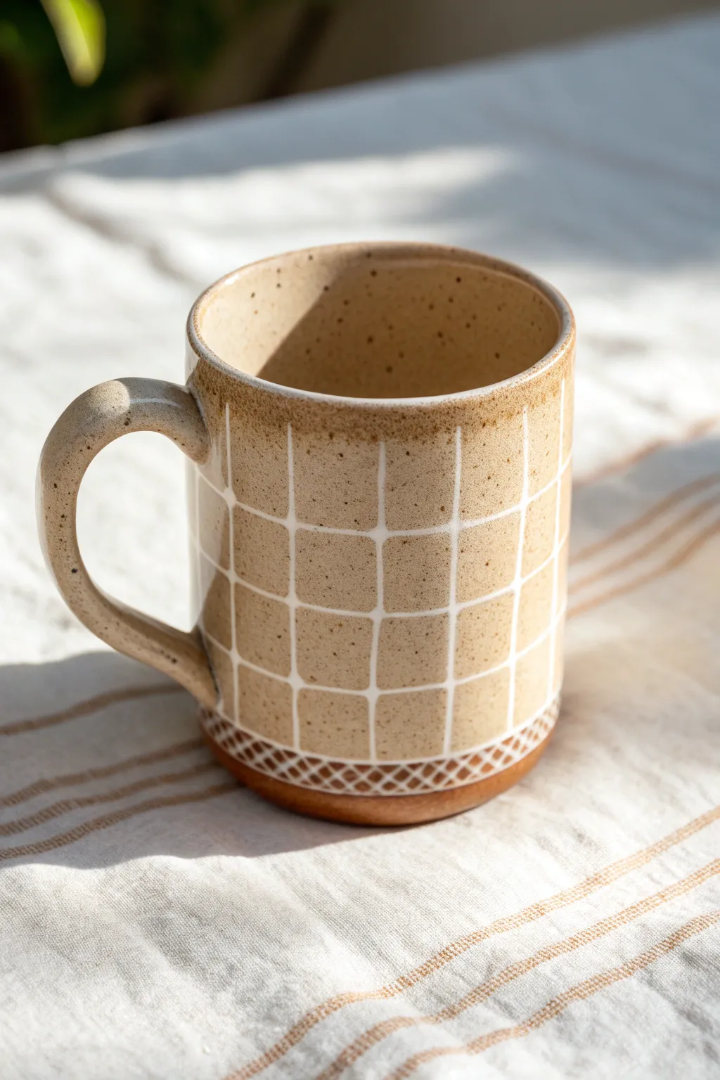 Crisp Mishima inlay lines on a speckled clay mug for clean, minimal pattern contrast