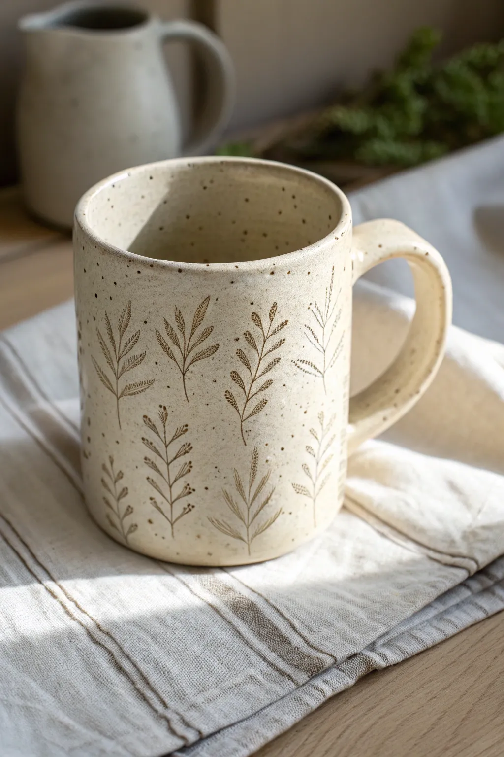 Easy stamped leaf pattern mug in soft neutrals, simple DIY look with crisp botanical texture.