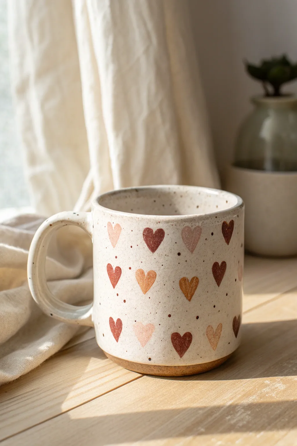 Tiny scattered hearts make this hand-painted mug feel sweet, simple, and perfectly giftable.