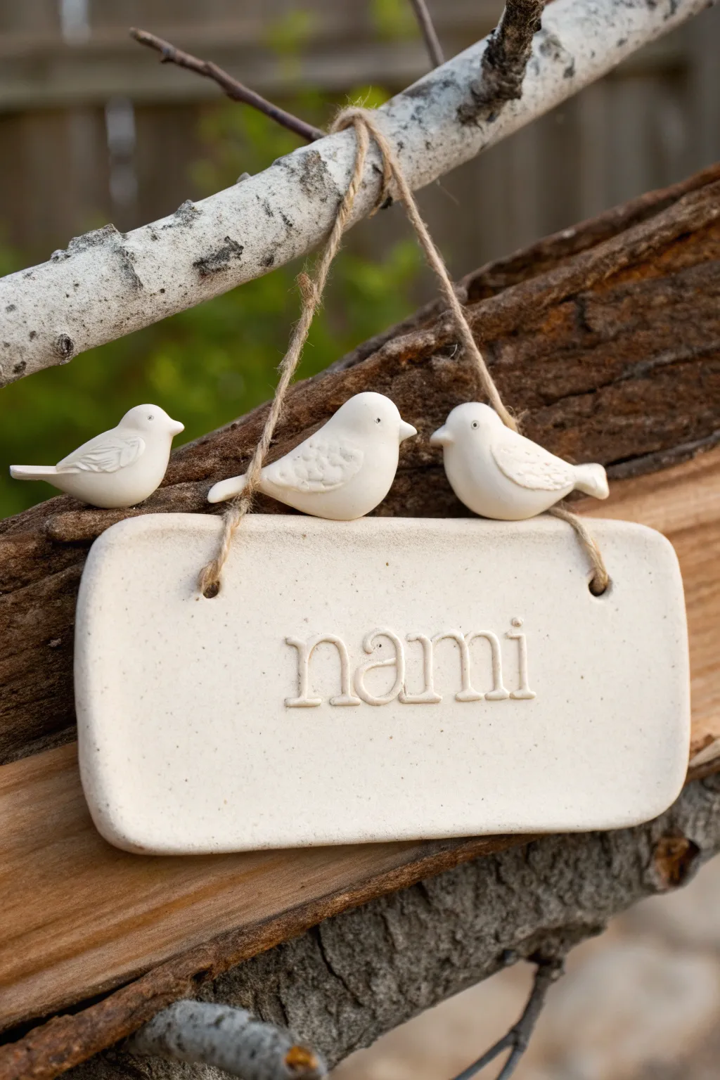 Minimal clay name plate with bird family on a branch, a sweet modern keepsake for any door.
