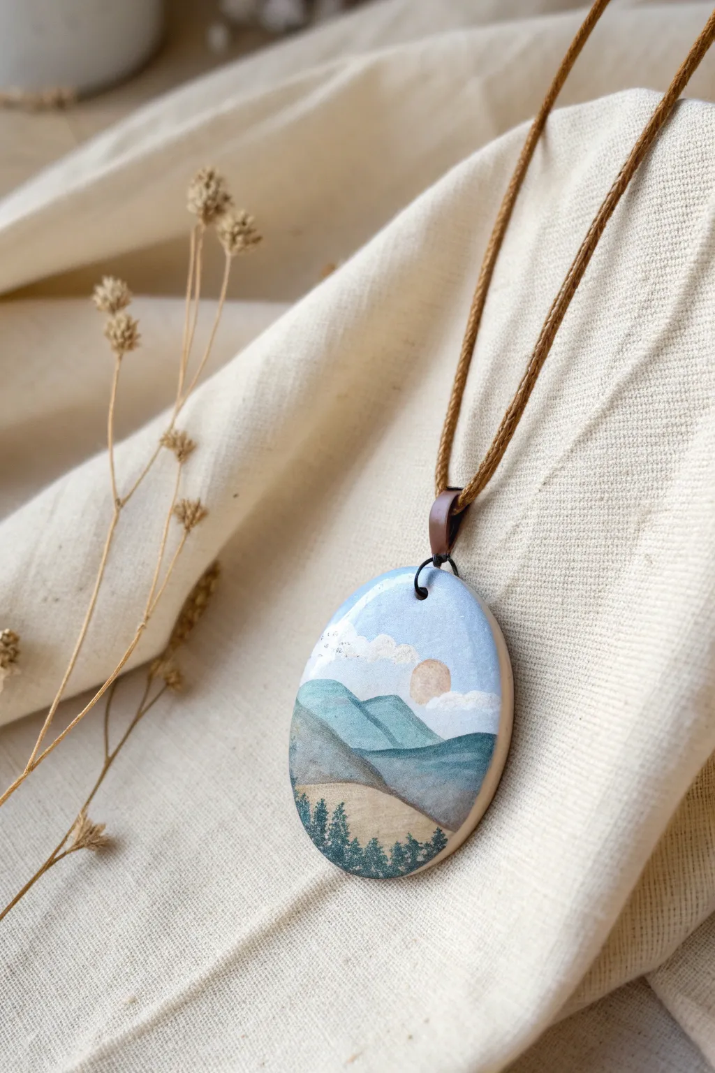 Serene painted mini landscape clay pendant, glossy finish on a simple cord for everyday boho.