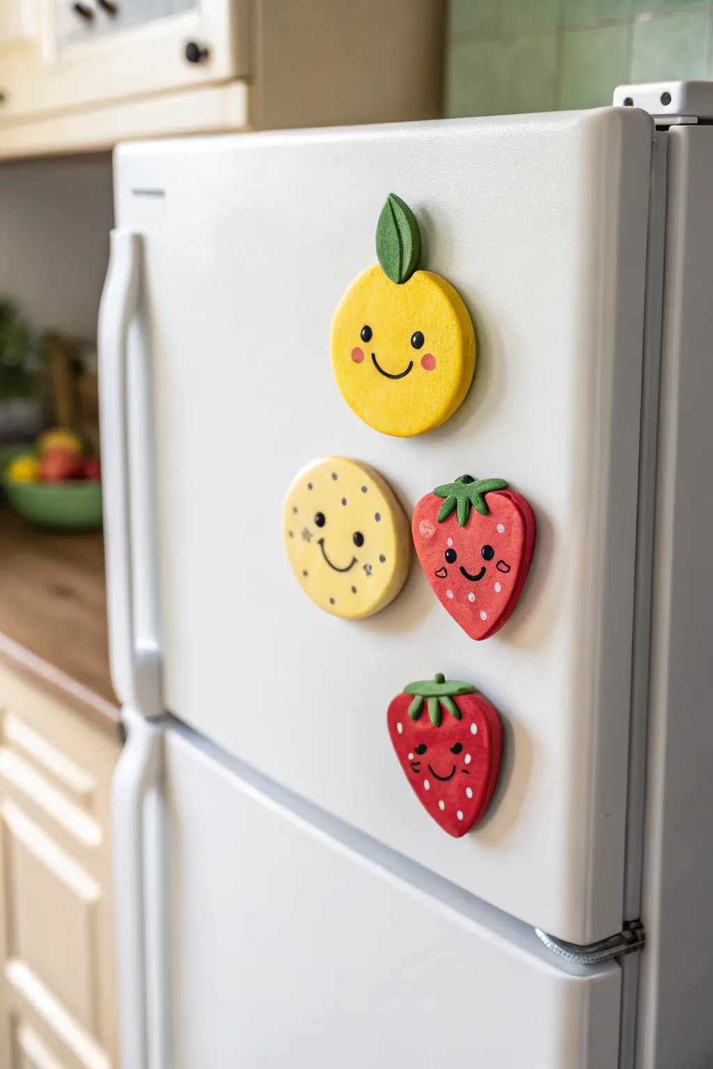 Cheerful handmade clay fruit magnets bringing a bright minimalist fridge corner with boho warmth.