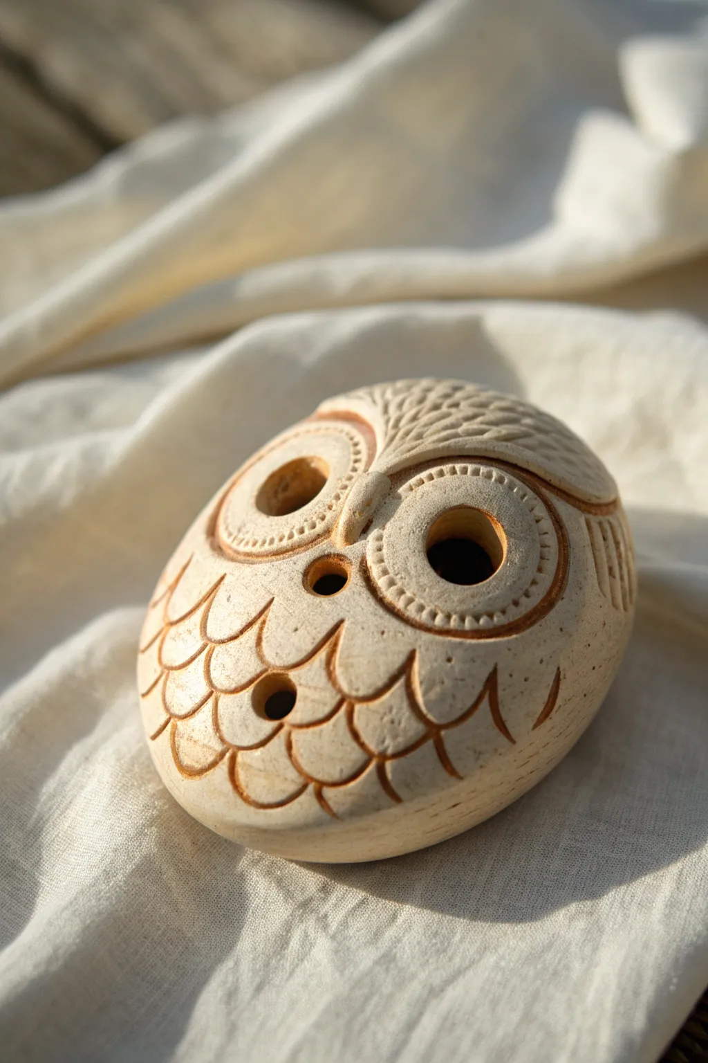 Minimalist owl ocarina with bold eye holes and a matte glaze for calm, handcrafted charm
