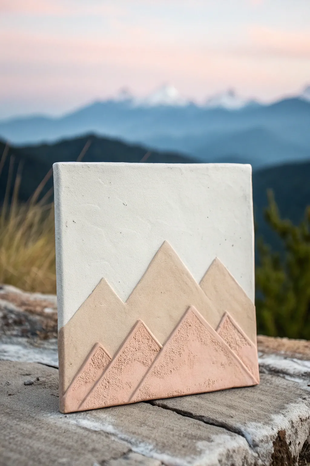 Minimal clay mountain range relief on canvas with soft sky wash, calm Scandinavian boho vibe.