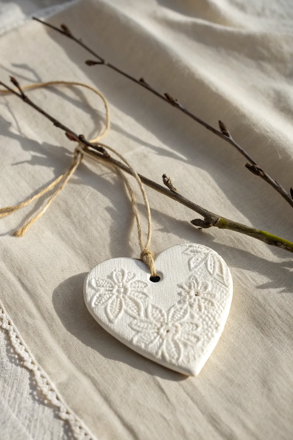 Soft matte white heart ornament with lace texture, hanging from birch for a vintage minimal look