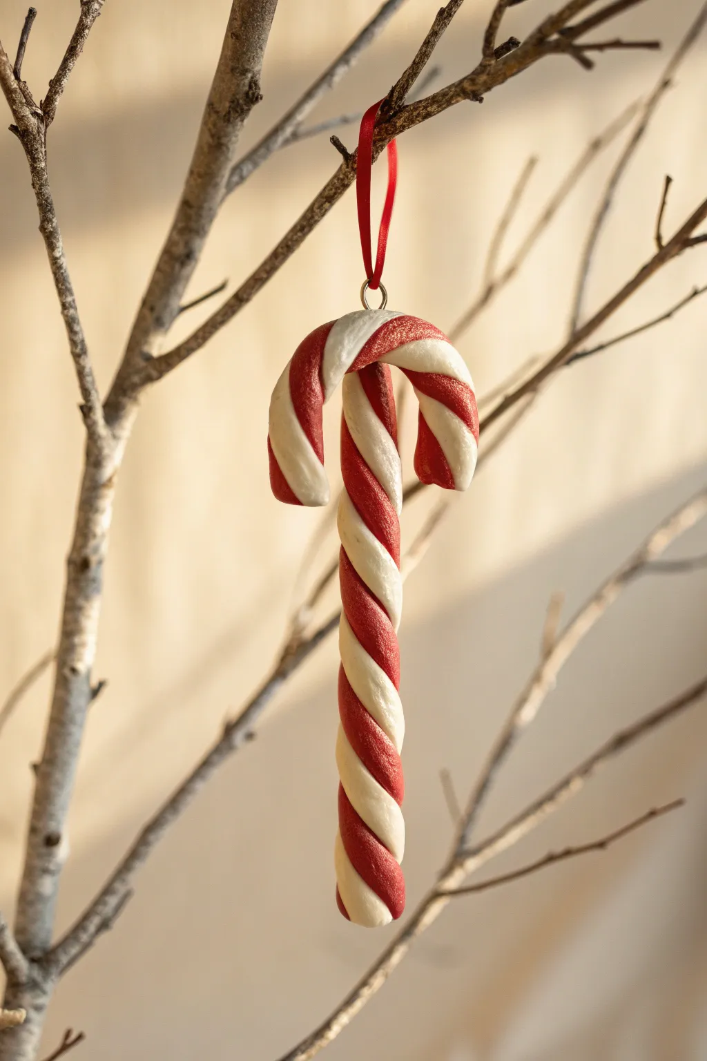 Sweet and simple candy cane clay ornament, twisted stripes and glossy finish for kid-friendly fun.