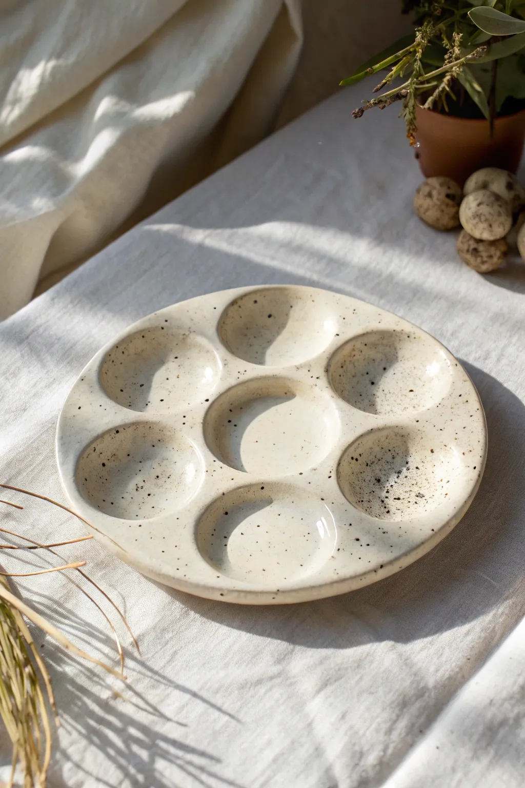 Speckled creamy ceramic paint palette with organic wells, styled in bright natural light