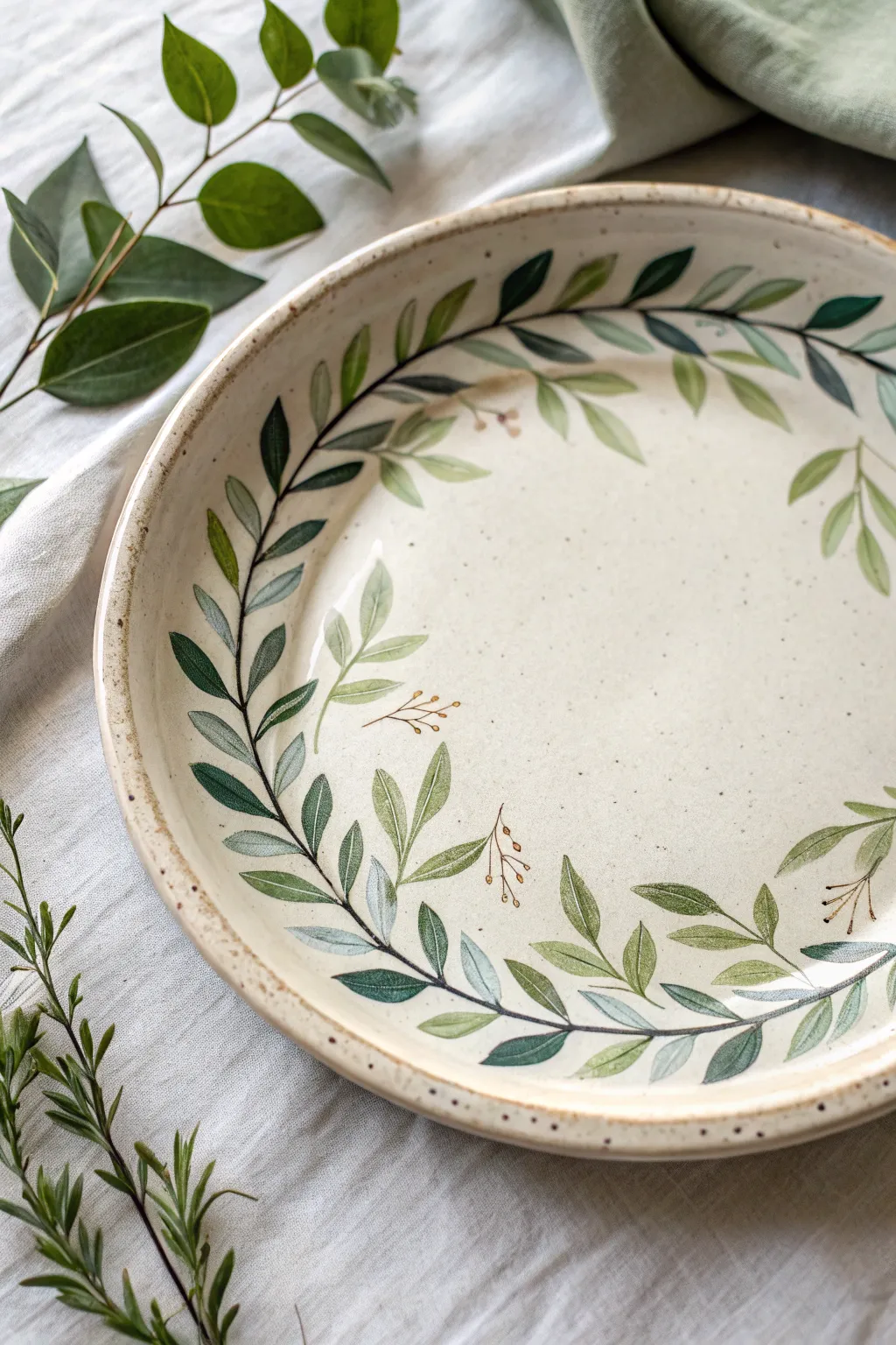 Fresh clay painting idea: airy leaf sprigs in two greens for a minimalist, handmade plate