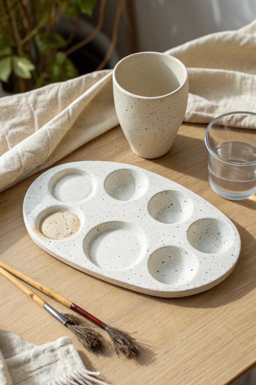 Minimalist clay palette with attached rinse cup, glossy glazed wells on a warm wood desk.