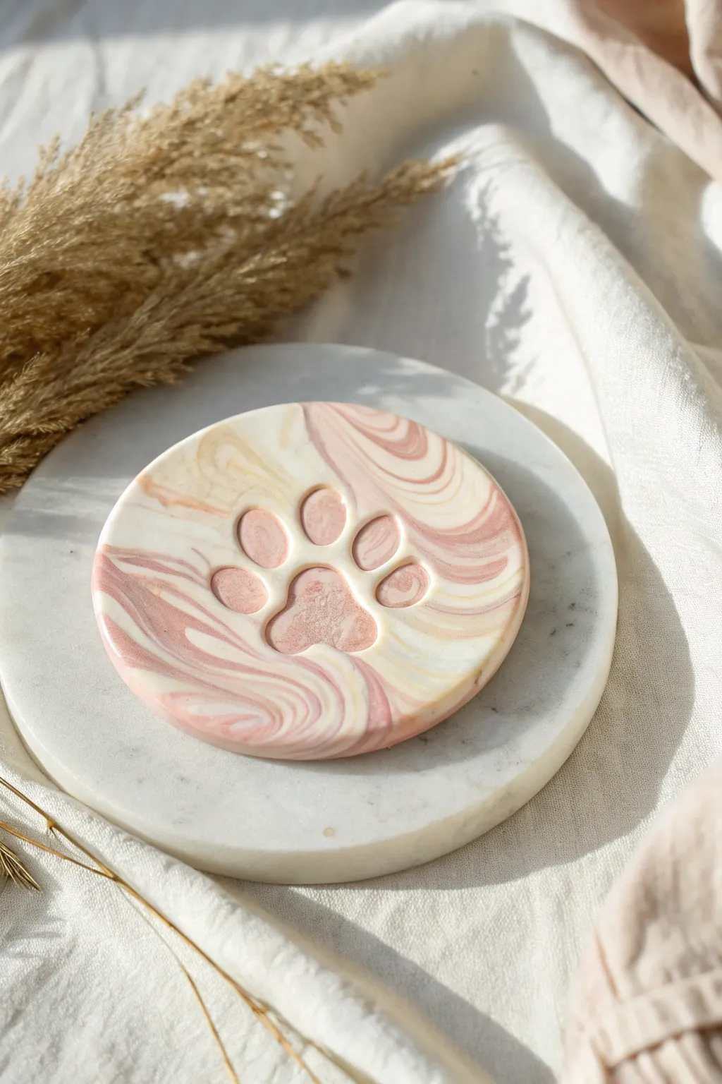 A modern marbled clay keepsake with a clean paw print, soft tones, and cozy minimalist charm.