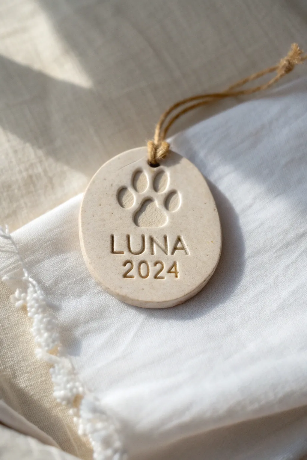 Minimal clay paw print ornament with curved name and date lettering, perfect for keepsake painting.