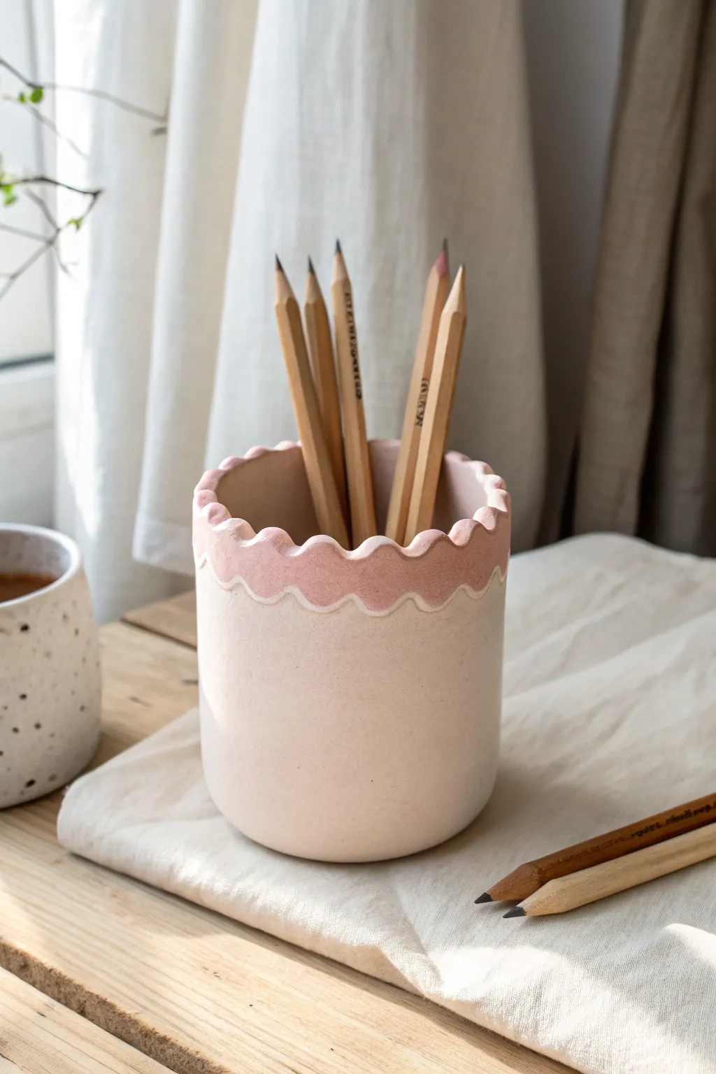 Soft blush scalloped clay pencil holder with pencils, minimalist Scandinavian style with boho warmth