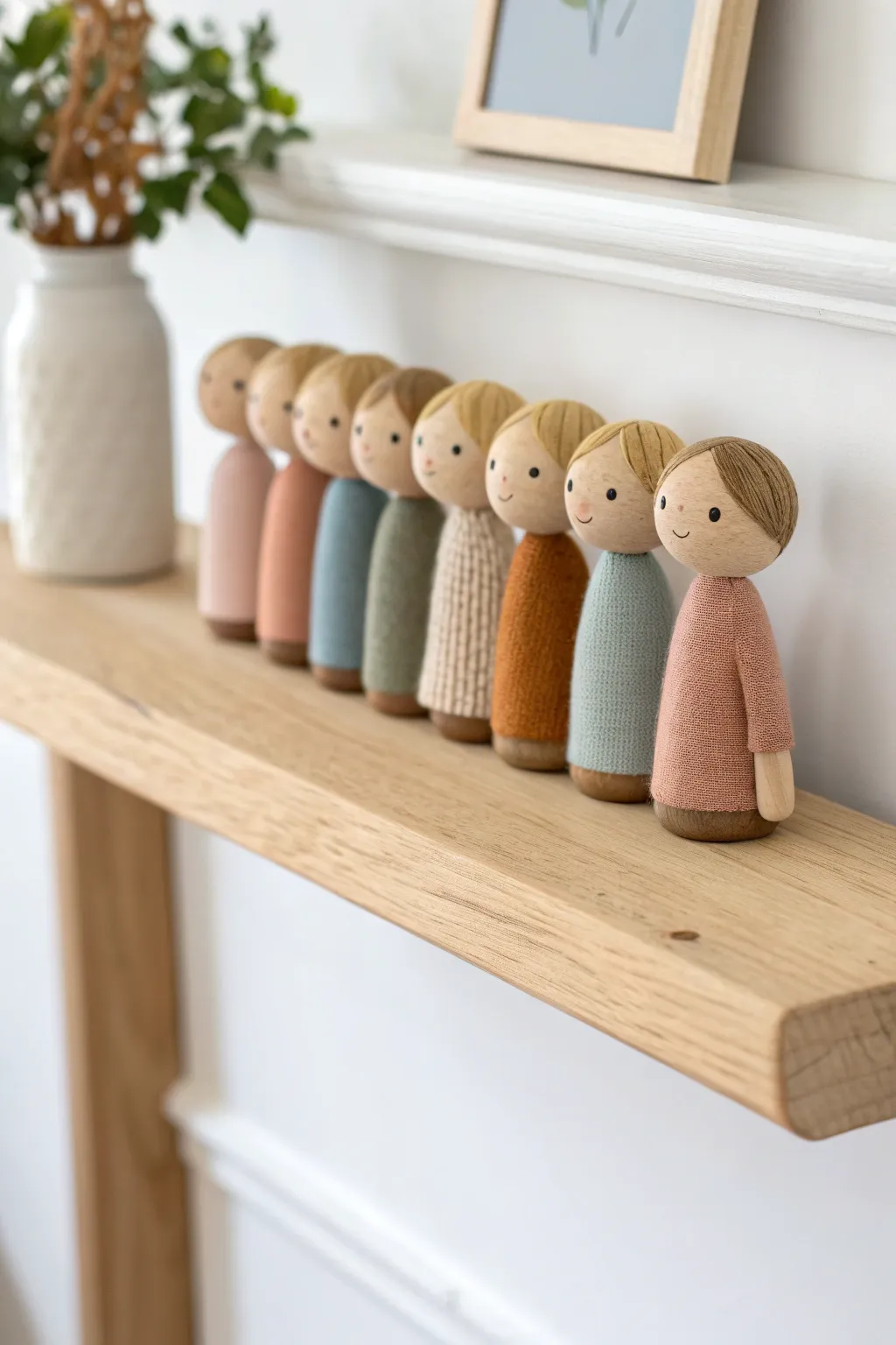 Sweet shelf-sitter clay people with dangling legs, minimalist boho colors for cozy decor.