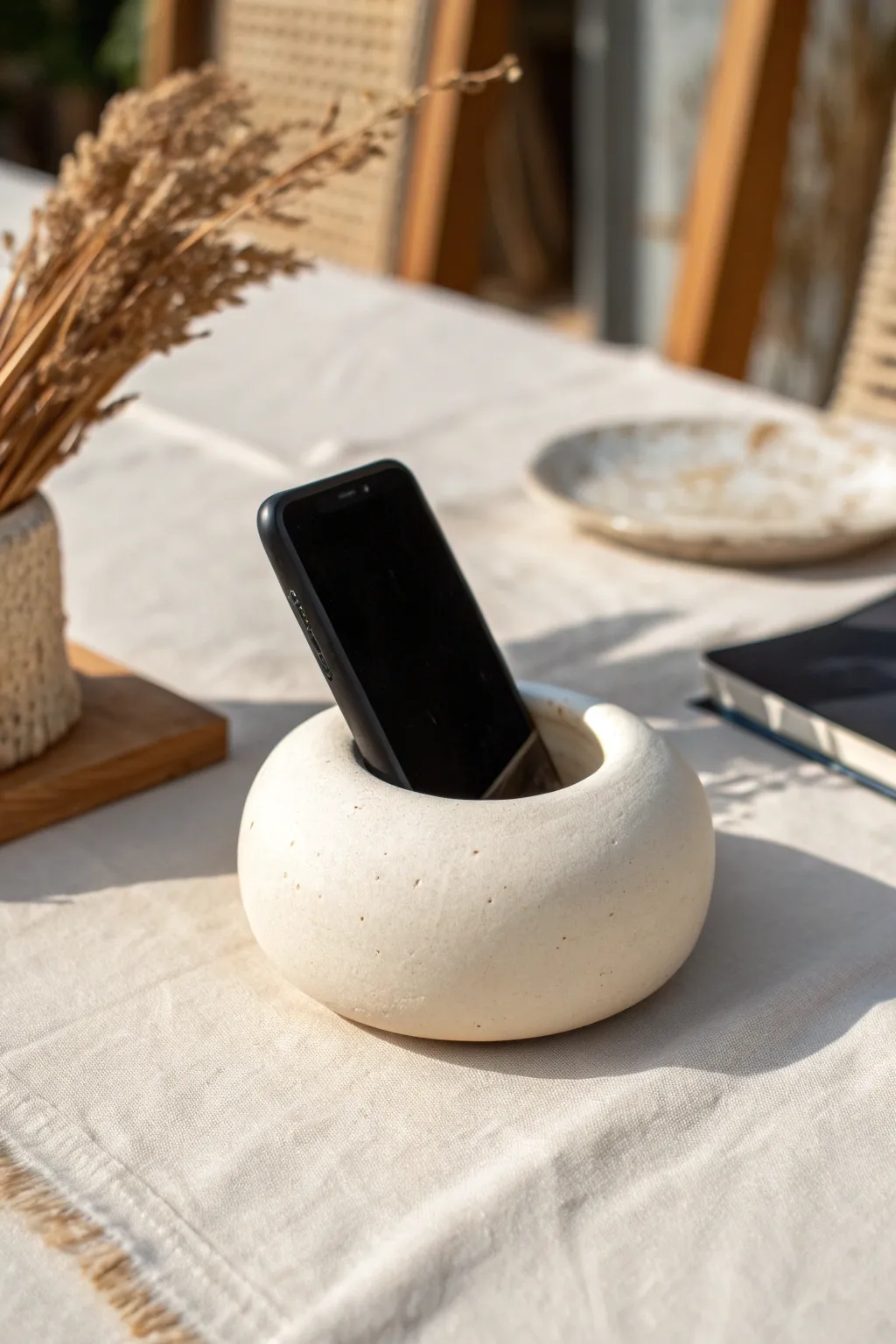 Minimal ring-shaped clay phone rest with a sleek tilt, Scandinavian calm with a soft boho touch.