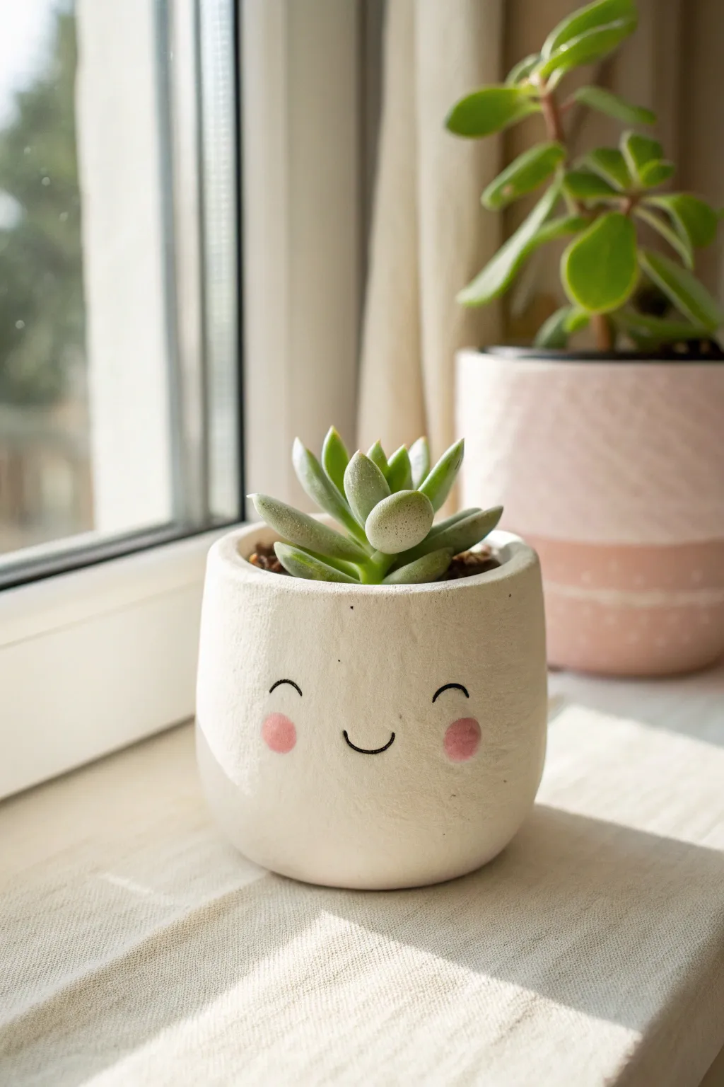 Sweet mini clay planter with a smiley face and blush cheeks, styled in soft natural light