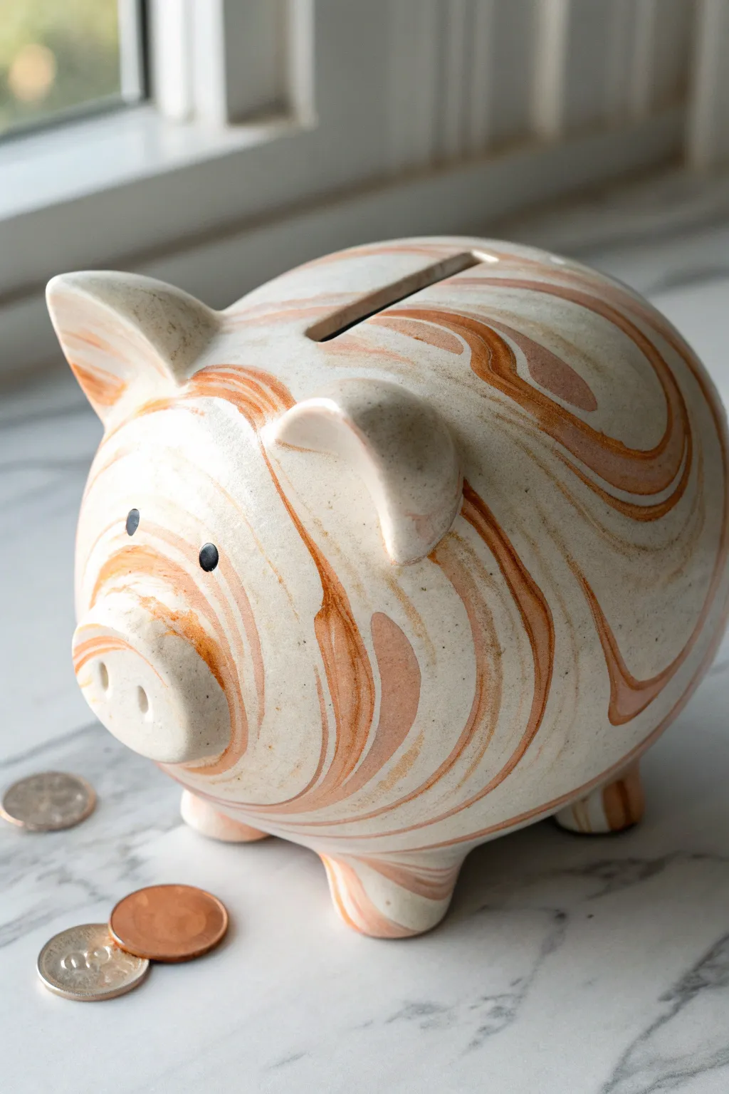 Soft marbled swirls turn this minimalist clay piggy bank into a simple statement piece.
