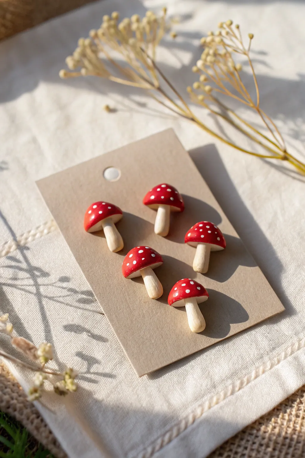 Classic toadstool clay pins in red and white, styled on a minimalist card for cozy boho vibes.
