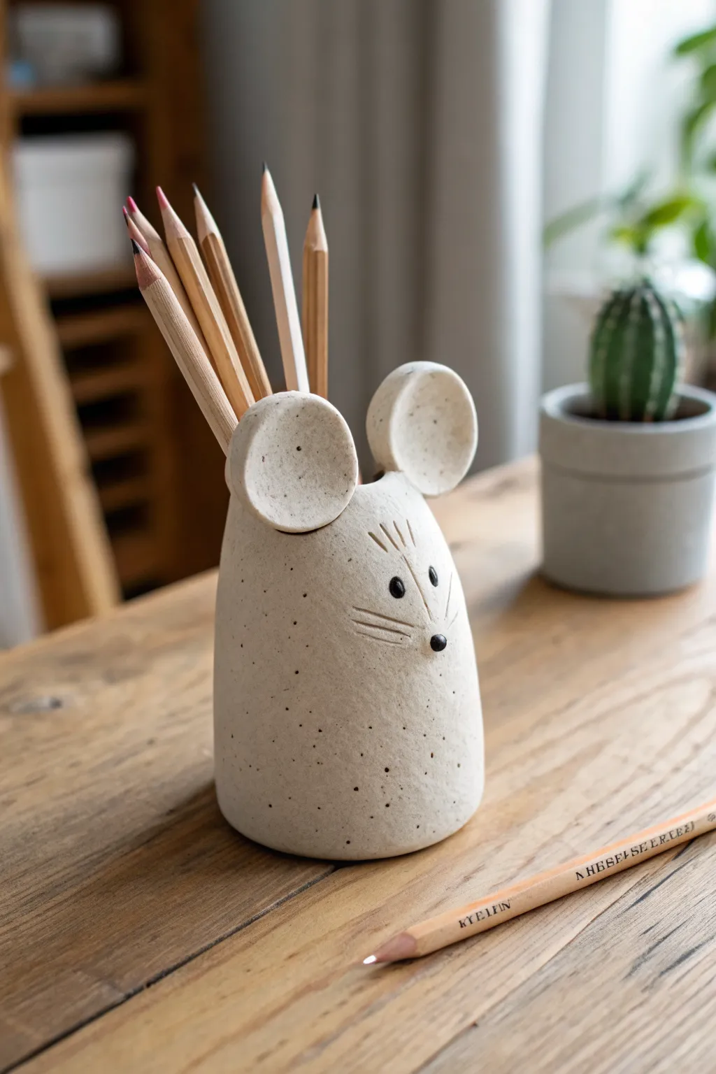 Standing mouse pinch pot pencil cup with a few pencils, simple, cozy, and handmade.