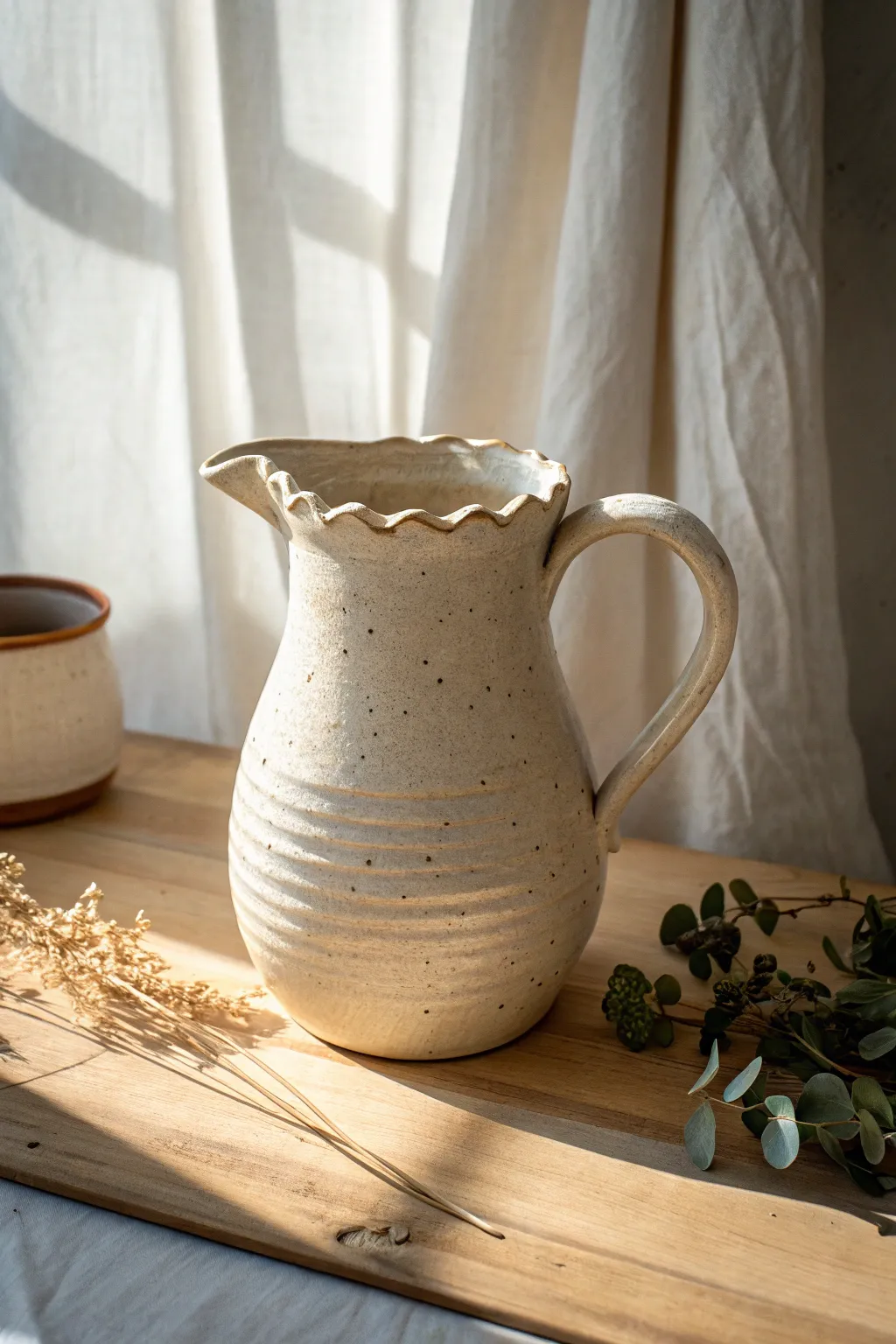 Wavy rim clay pitcher in creamy glaze, minimalist and boho, letting the undulations shine.