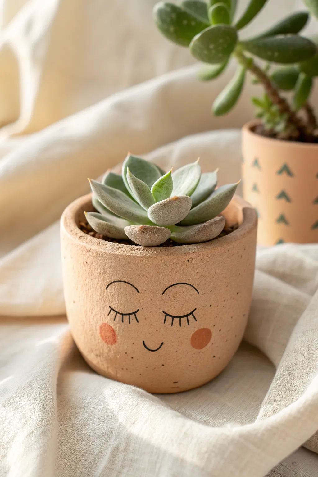 Adorable blushing face pot with a tiny clay succulent, perfect for minimalist plant shelves.