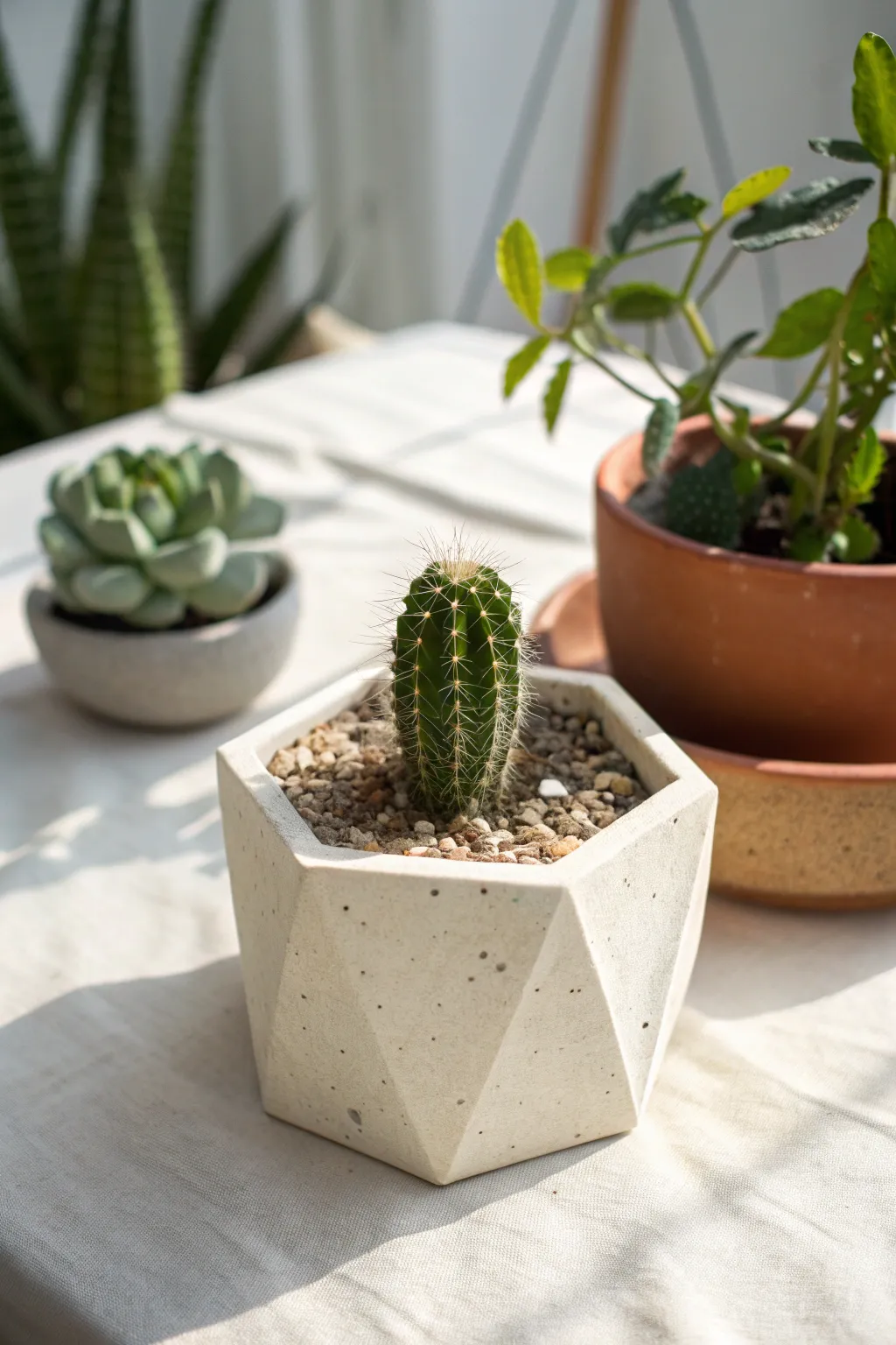 Faceted mini clay planter in a soft matte glaze, styled simply with a tiny cactus.