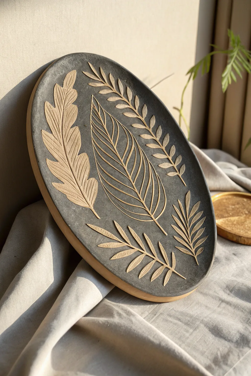 Charcoal sgraffito leaf veins on a handmade plaque, crisp contrast and earthy minimalism