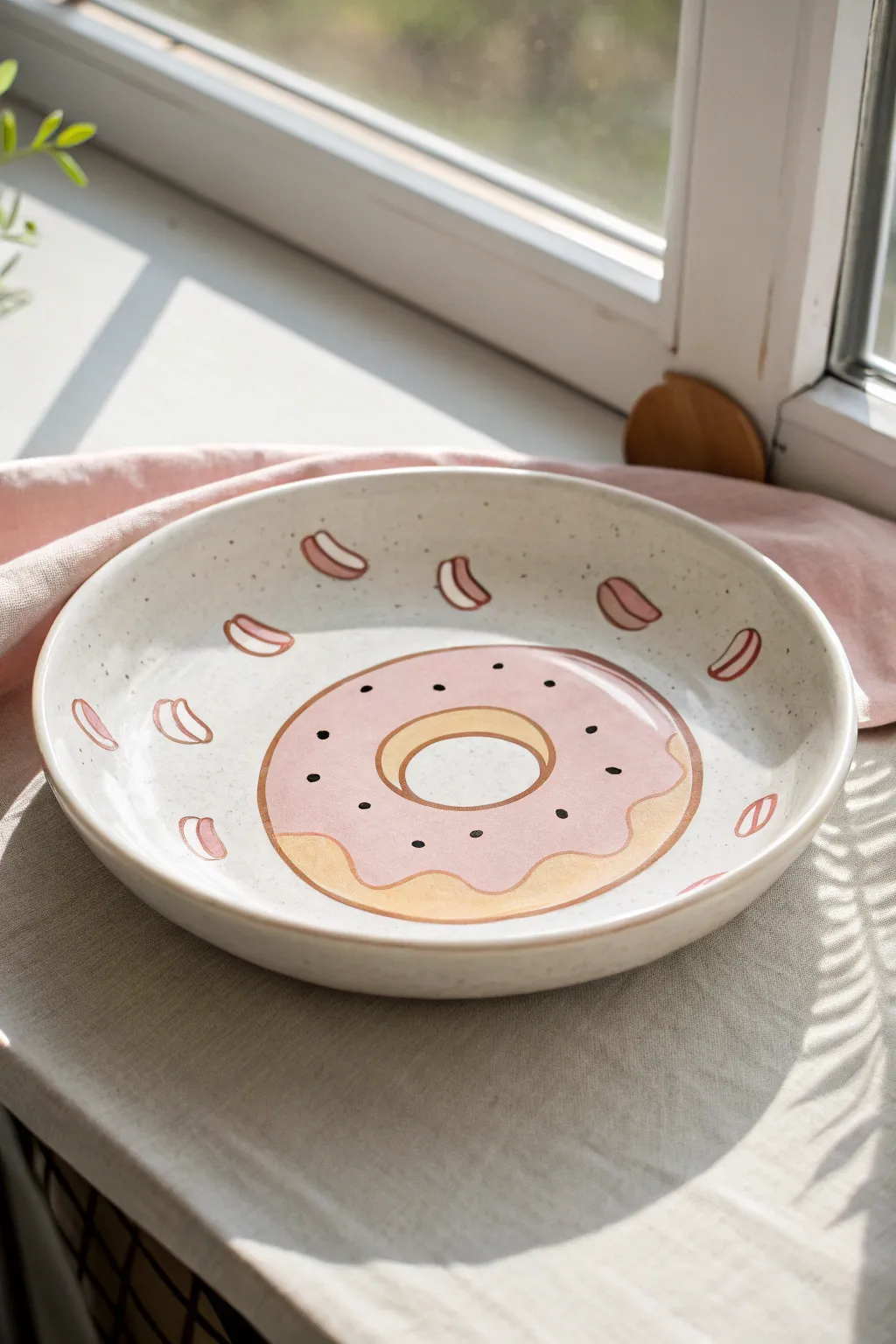 Minimalist plate painting idea: a sweet donut illustration with delicate sprinkles in soft pastels.