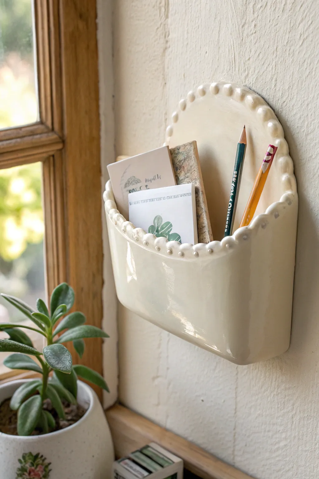 Glossy scalloped clay pocket for tiny notes and pens, minimal Scandinavian style with boho warmth.