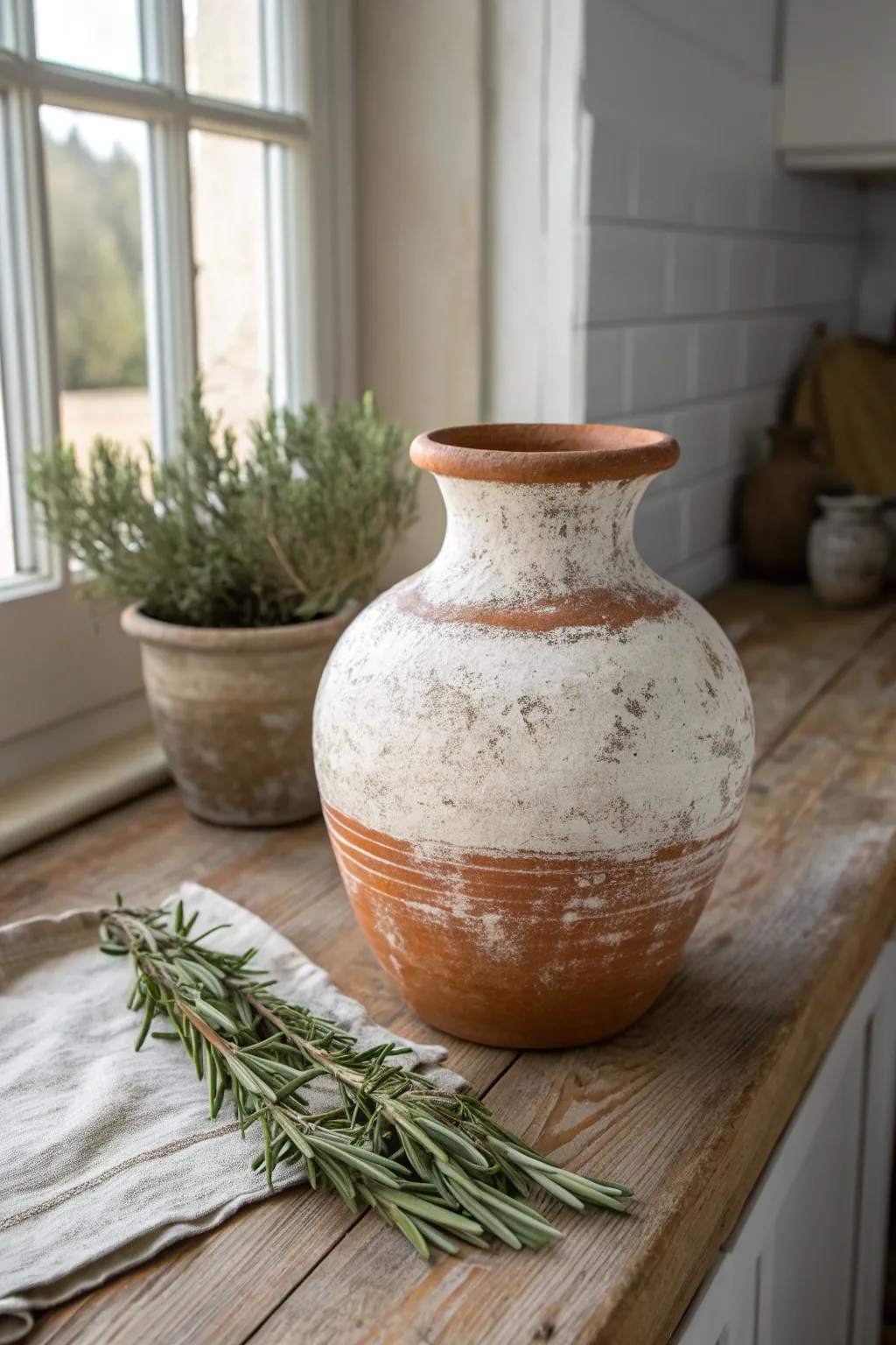 Distressed vintage-wash clay pot with soft chalky patina, styled with fresh kitchen herbs.