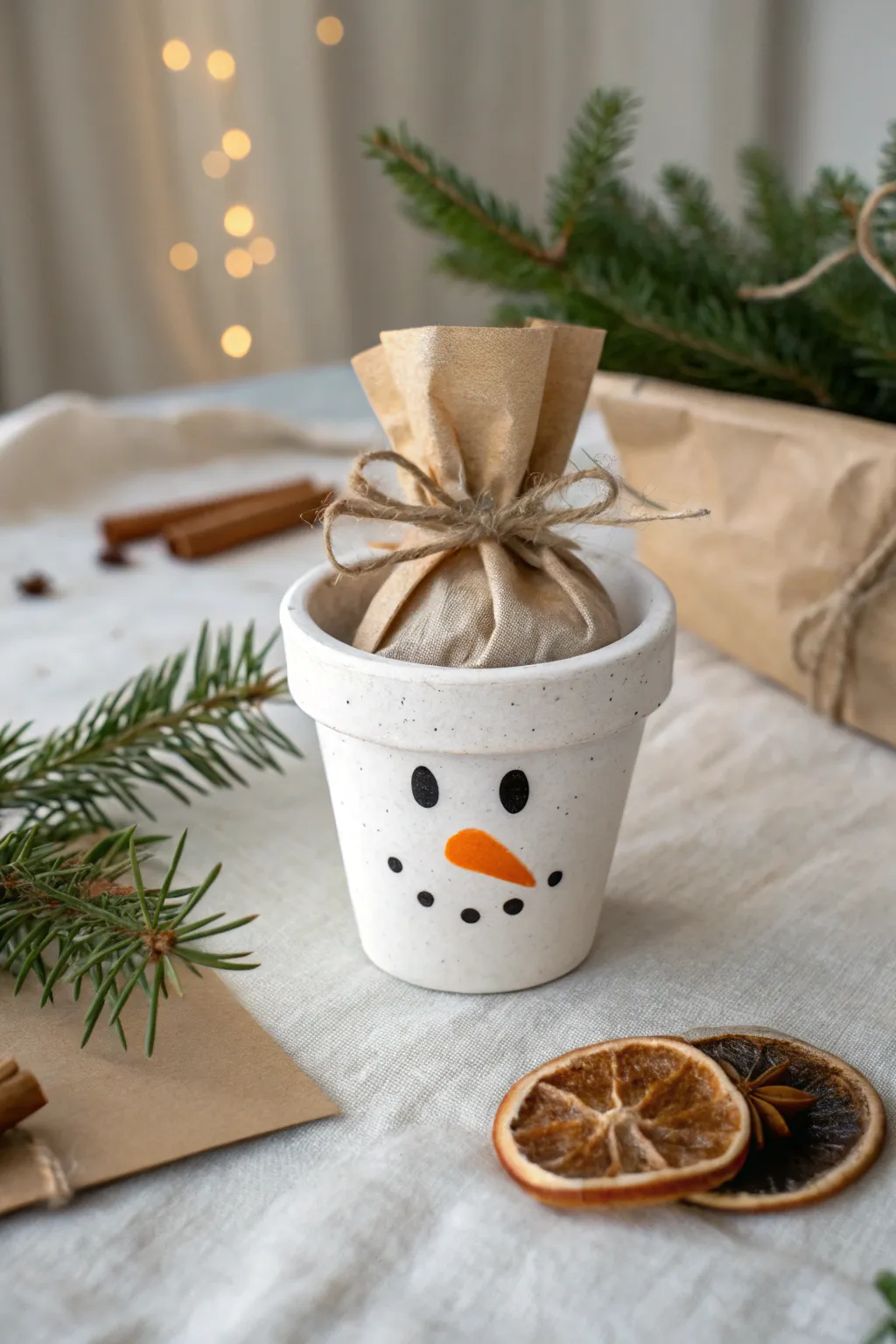 Mini snowman clay pot favor holding a treat bag, styled with pine on a minimalist runner.