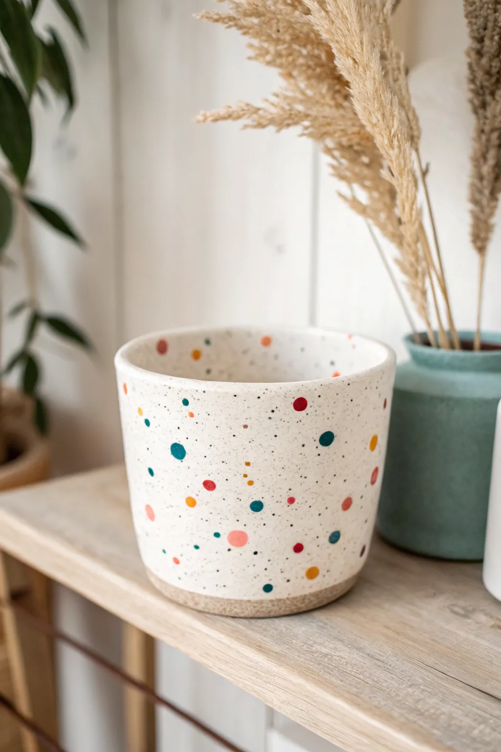 Speckled confetti dots on a blush clay pot for a playful, modern Scandinavian-boho look