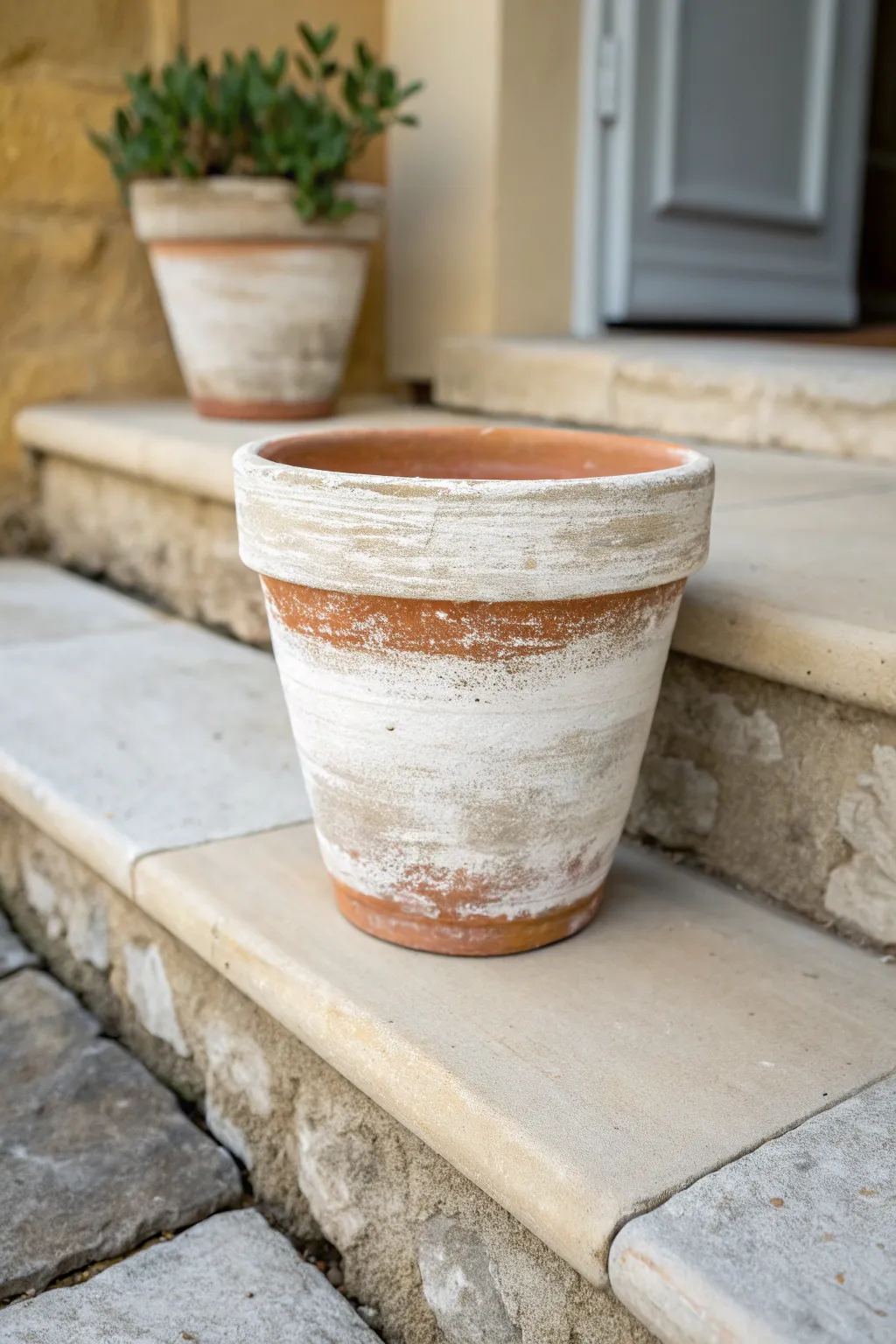 Distressed layered paint gives this clay pot a soft vintage charm for cozy porch styling.