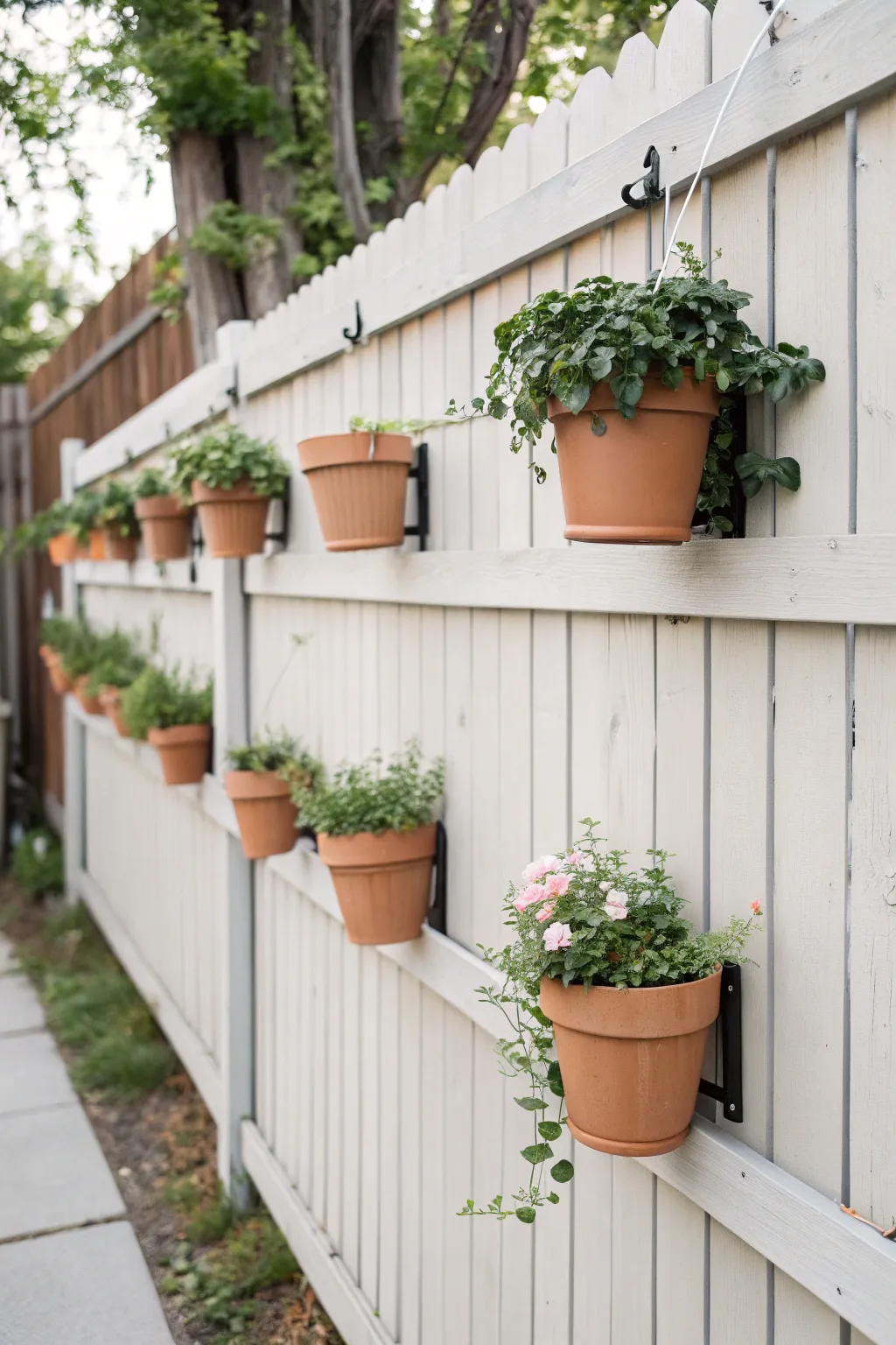 Fence-mounted terracotta pot pockets with trailing greenery for a simple, boho garden wall