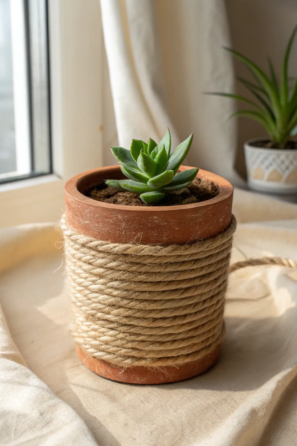 DIY wrapped-rope terracotta planter with a hardy green, made for minimalist boho decor