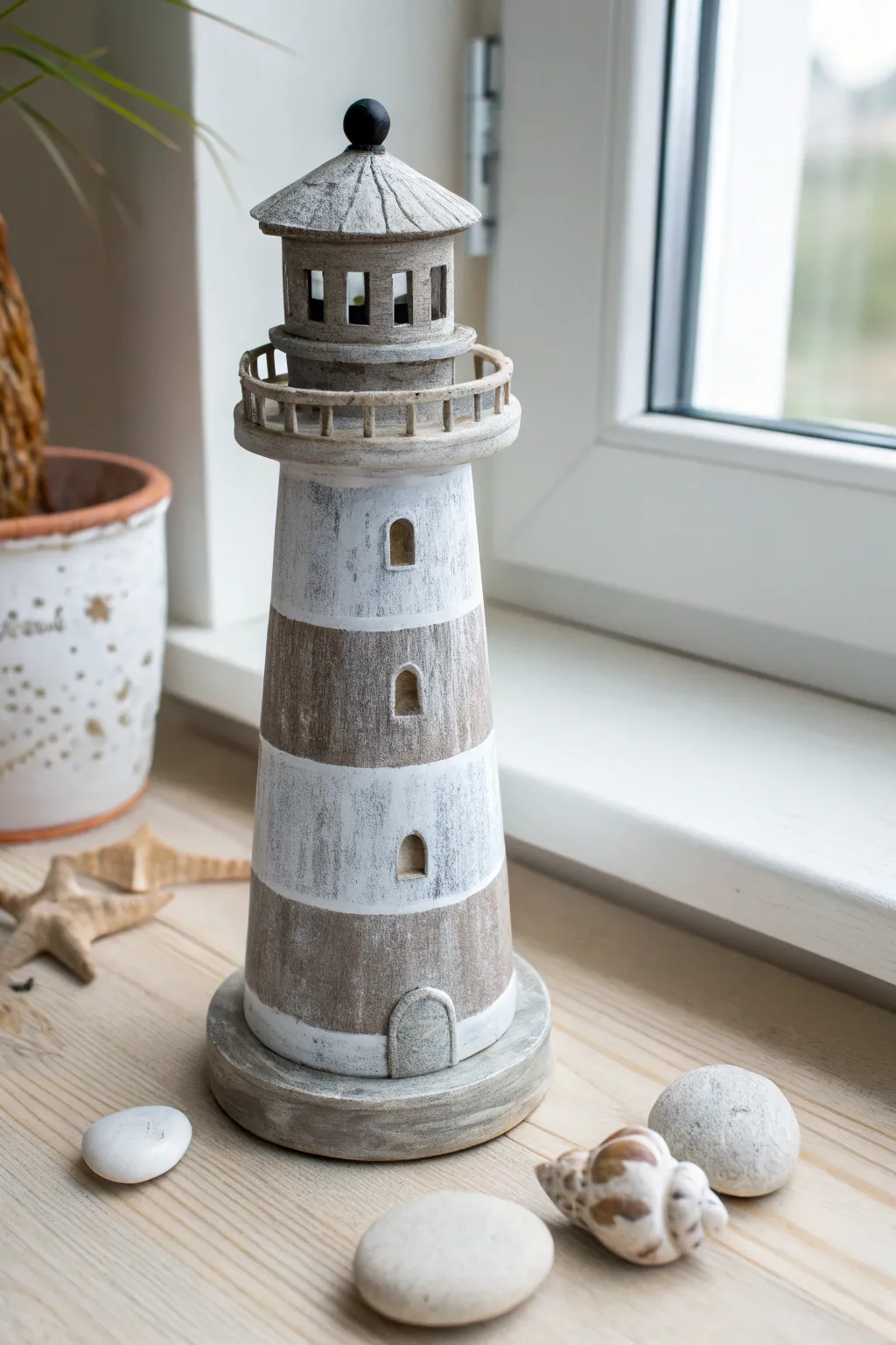 Weathered driftwood clay pot lighthouse with soft stripes, styled with stones for calm coastal decor.