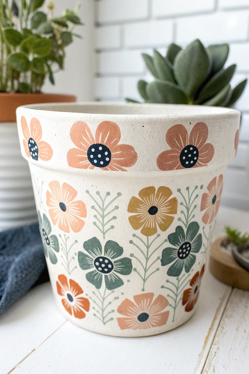 Simple flower burst pot painting for kids, bold petals and dot centers on a clean clay pot.
