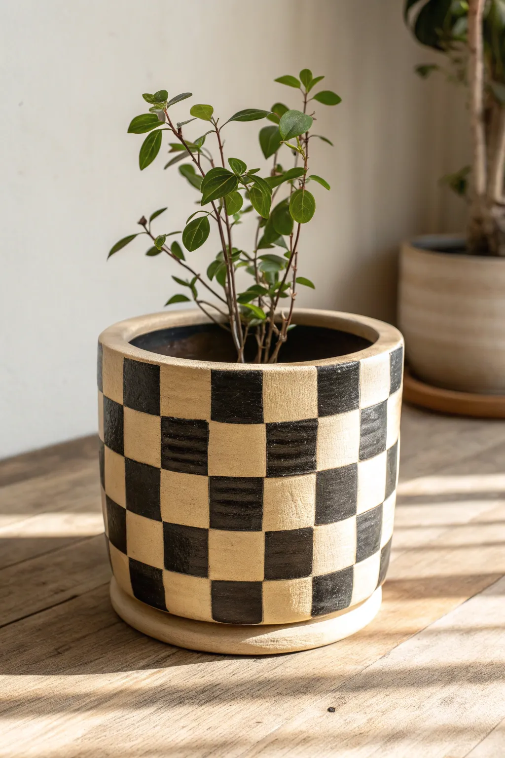 Bold checkerboard planter with a simple green plant for a modern, high-contrast statement.